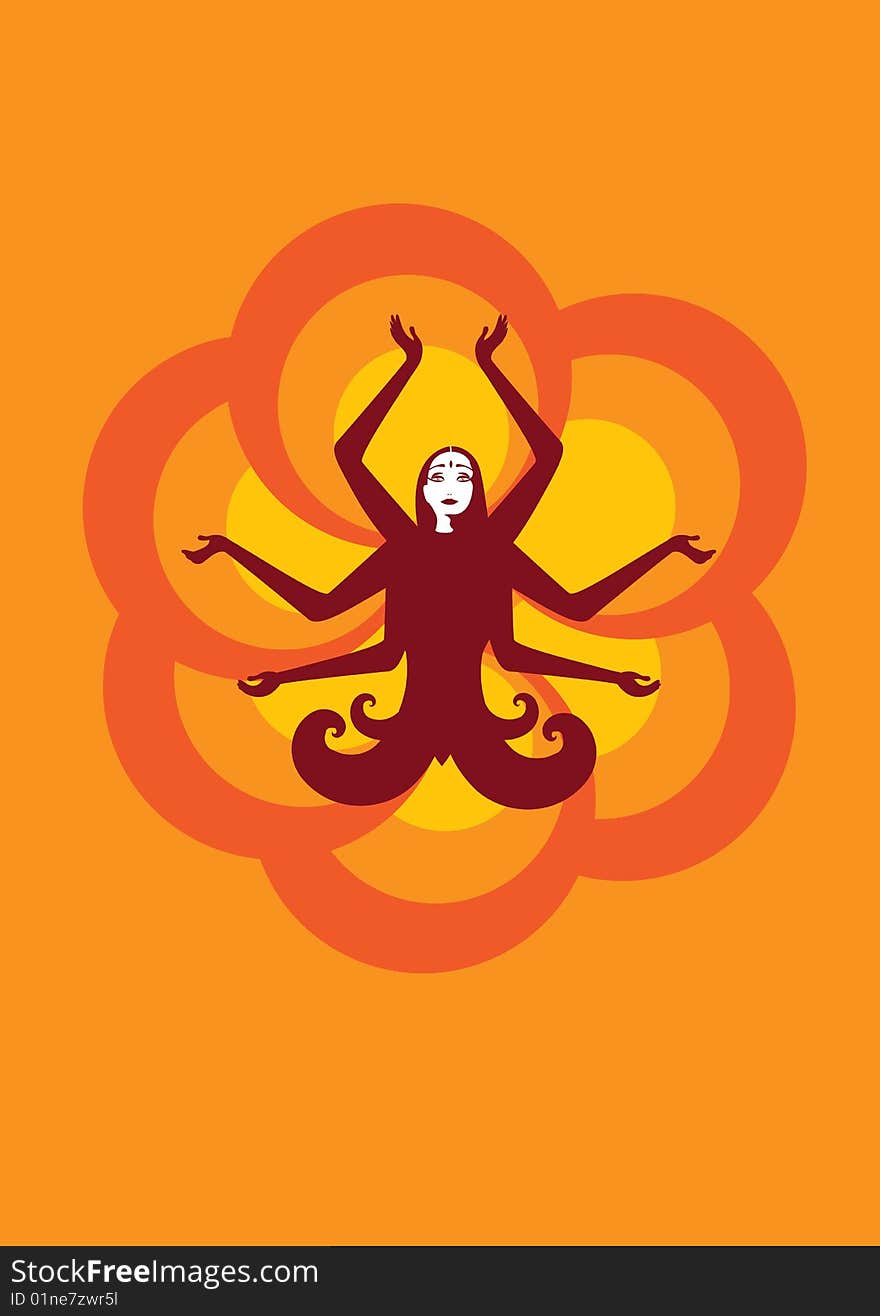 Vector illustration of stylized fairy Indian woman , seatting in lotus pose on the sunny, flower background. Vector illustration of stylized fairy Indian woman , seatting in lotus pose on the sunny, flower background
