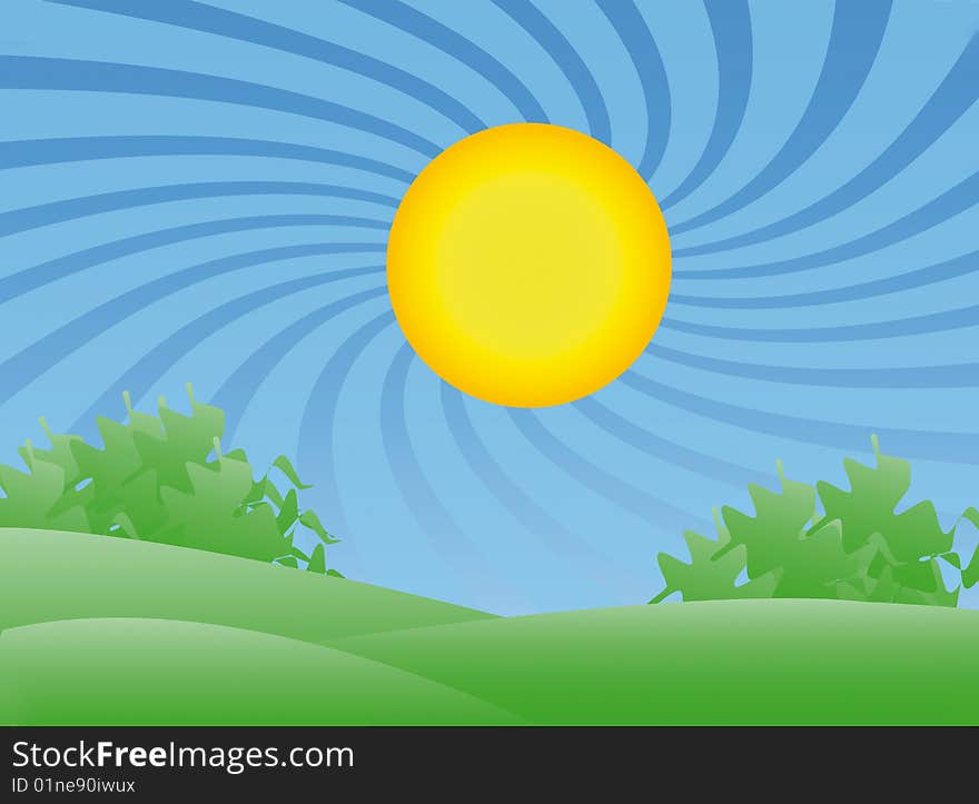 Colorful summer landscape with field, trees and sunrays. Colorful summer landscape with field, trees and sunrays