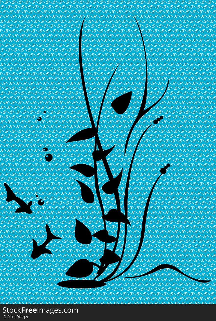 Vector illustraition of retro abstract floral swirl elements with fish and algae