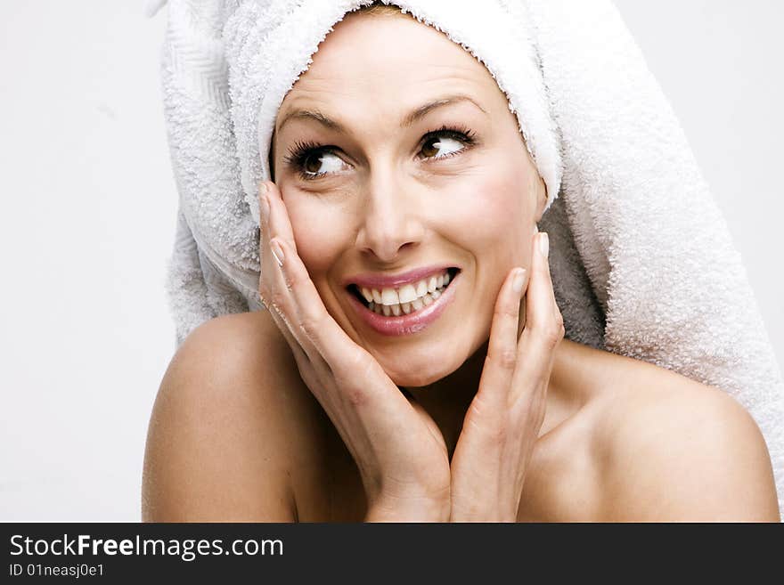 Closeup portrait of young beautiful woman after bath. Closeup portrait of young beautiful woman after bath