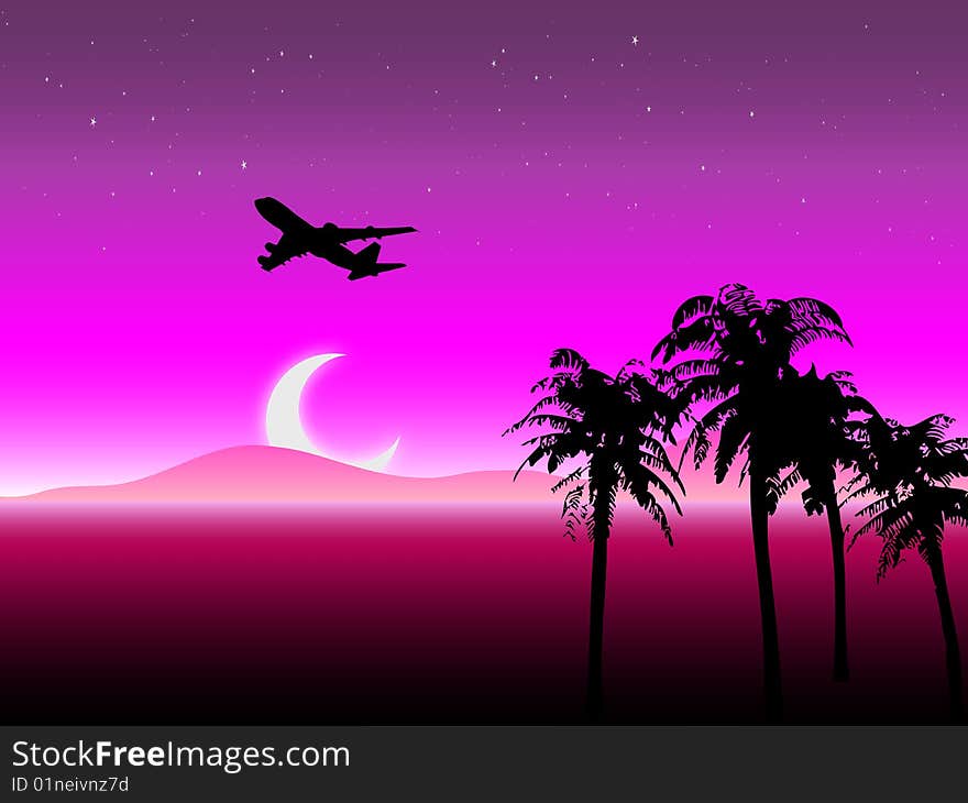 A Passenger Jet silhouette with palm trees set against a starry night with setting moon. A Passenger Jet silhouette with palm trees set against a starry night with setting moon.