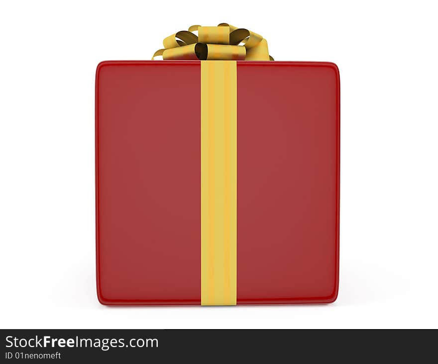 Red present box with gold ribbon and bow