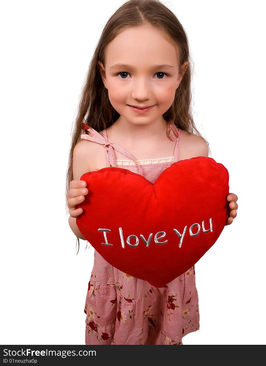 Nice Little Girl With Soft Heart Toy Isolated