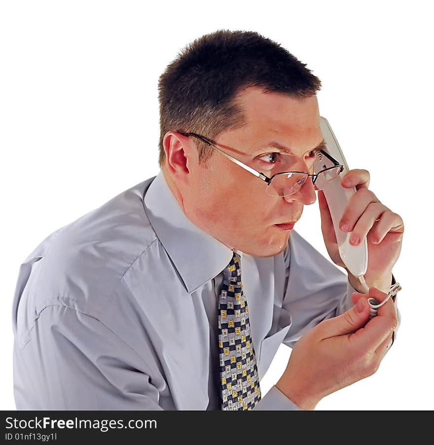 Portrait of man in glasses with a telephone