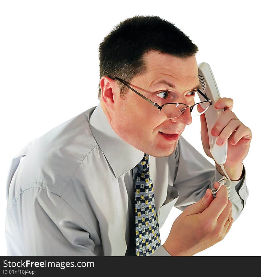 Portrait of man in glasses with a telephone