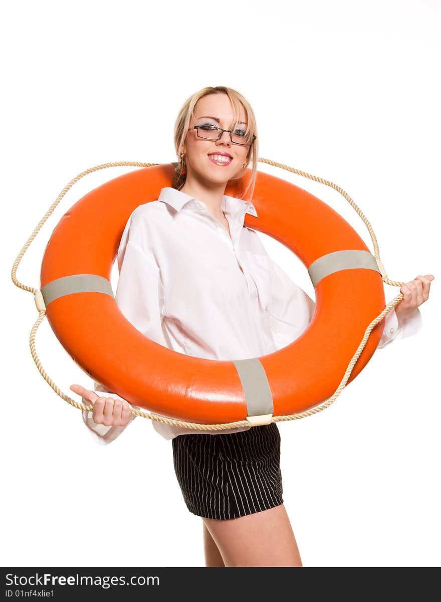 Businesswoman with red life buoy