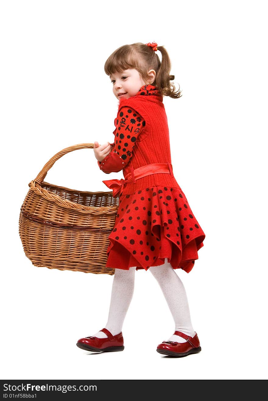 Beautiful little girl in red dress holding basket, isolated on white