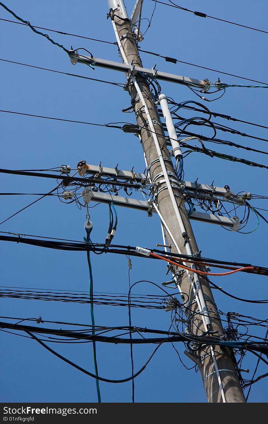 Wires supported by a telegraph pole in Japan. Wires supported by a telegraph pole in Japan