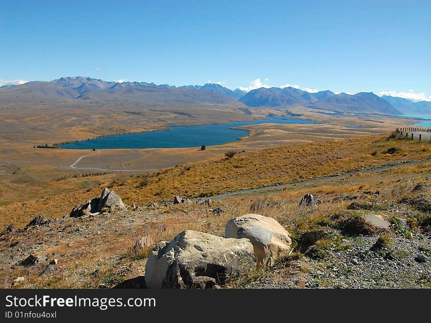 Lake Alexandrina taken from the Mt John Observatory, South Island, New Zealand. Lake Alexandrina taken from the Mt John Observatory, South Island, New Zealand