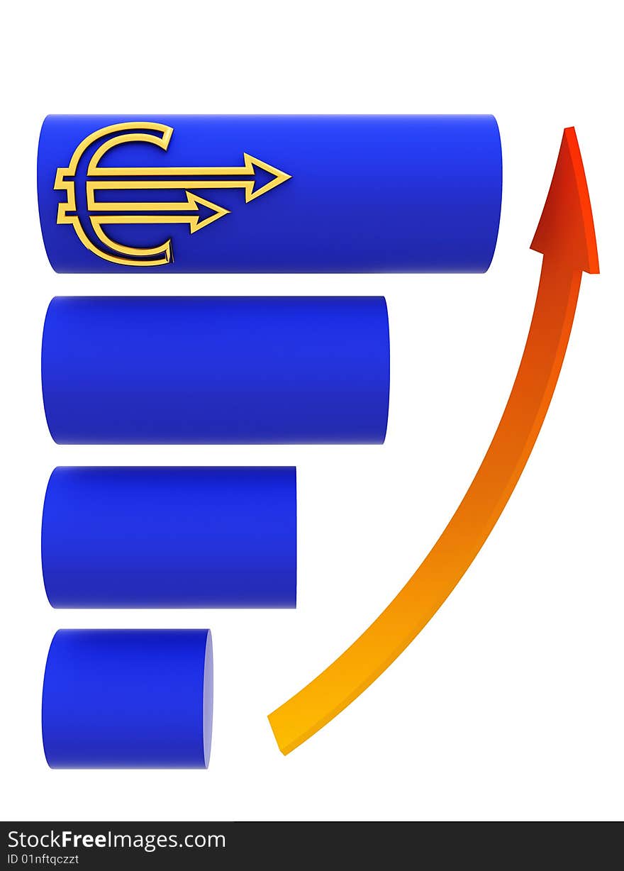 3d rendered image, blue vertical chart with golden euro sign on it and a red arrow near it. 3d rendered image, blue vertical chart with golden euro sign on it and a red arrow near it