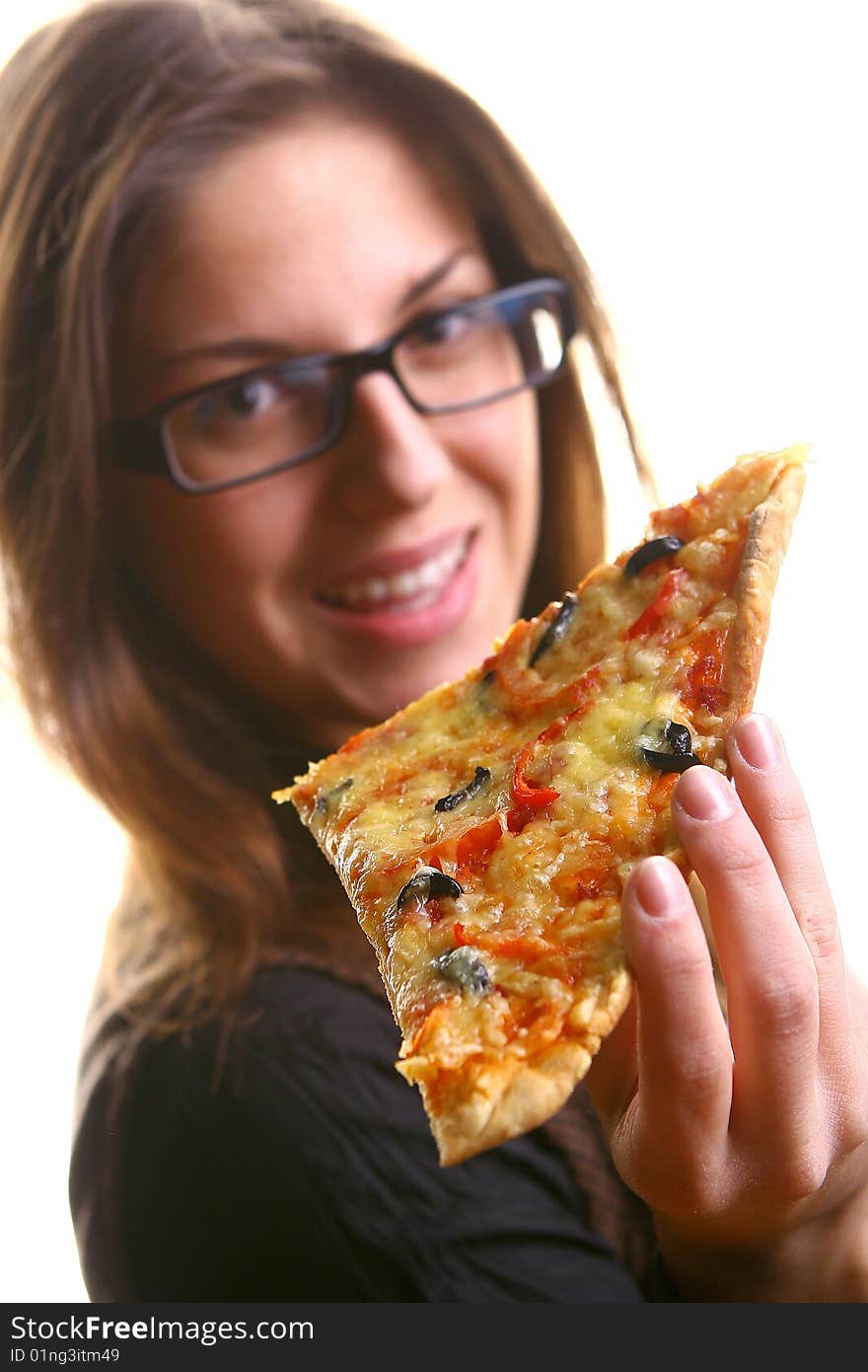 Beautiful young woman eating pizza s