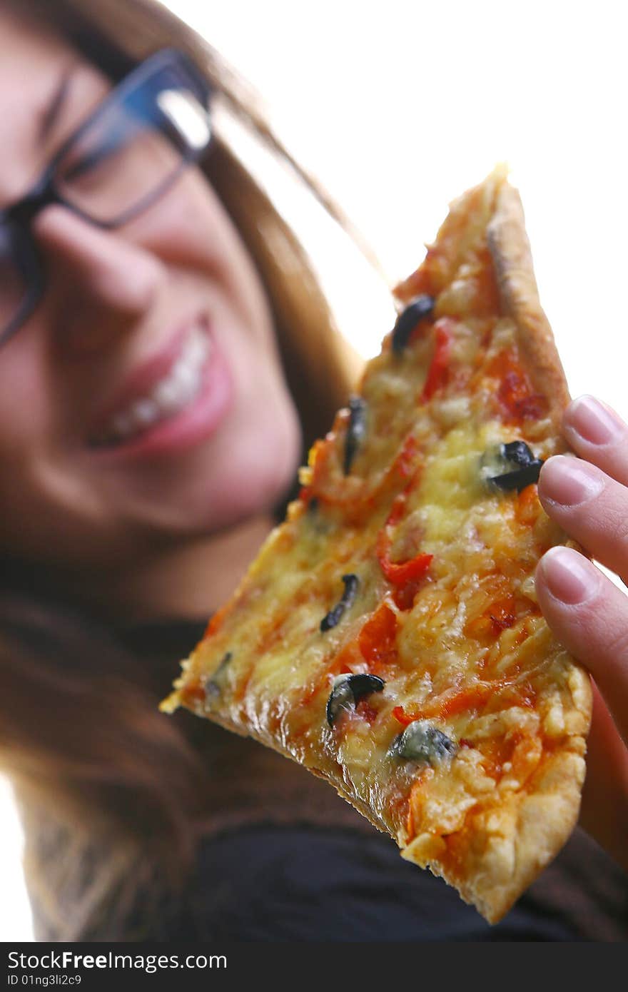 Beautiful young woman eating pizza s