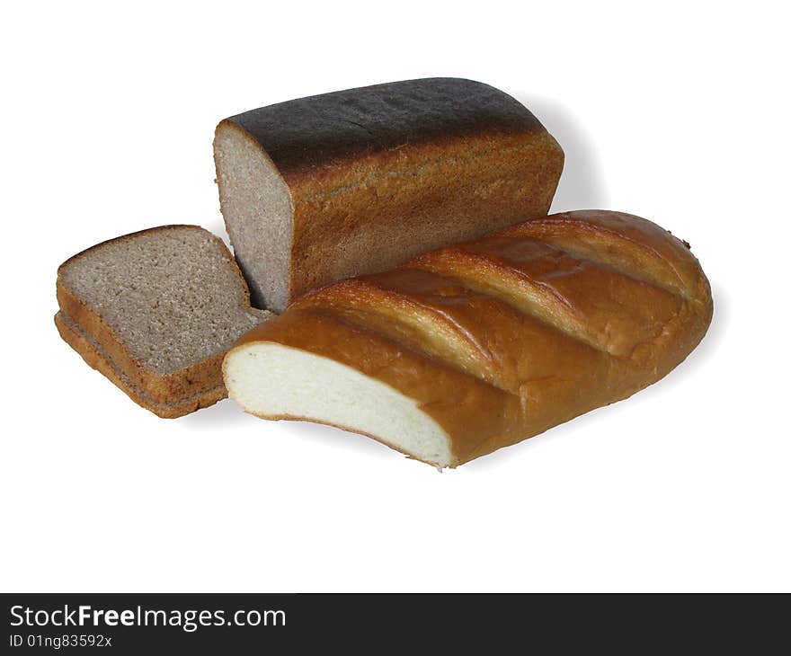 Bread in assortment is isolated on a white background. Bread in assortment is isolated on a white background