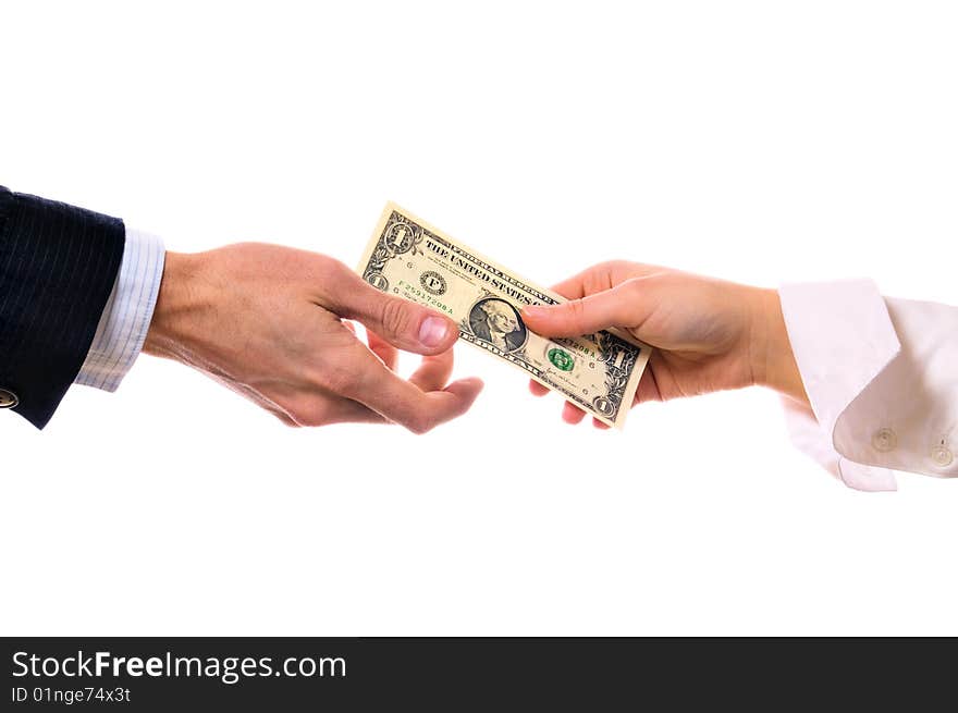 Hands and money banknote on white with clipping path. Hands and money banknote on white with clipping path