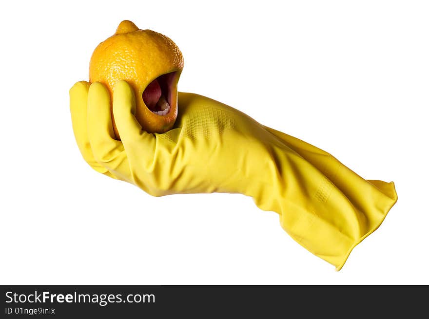 Yellow rubber glove and lemon with mouth with clipping path