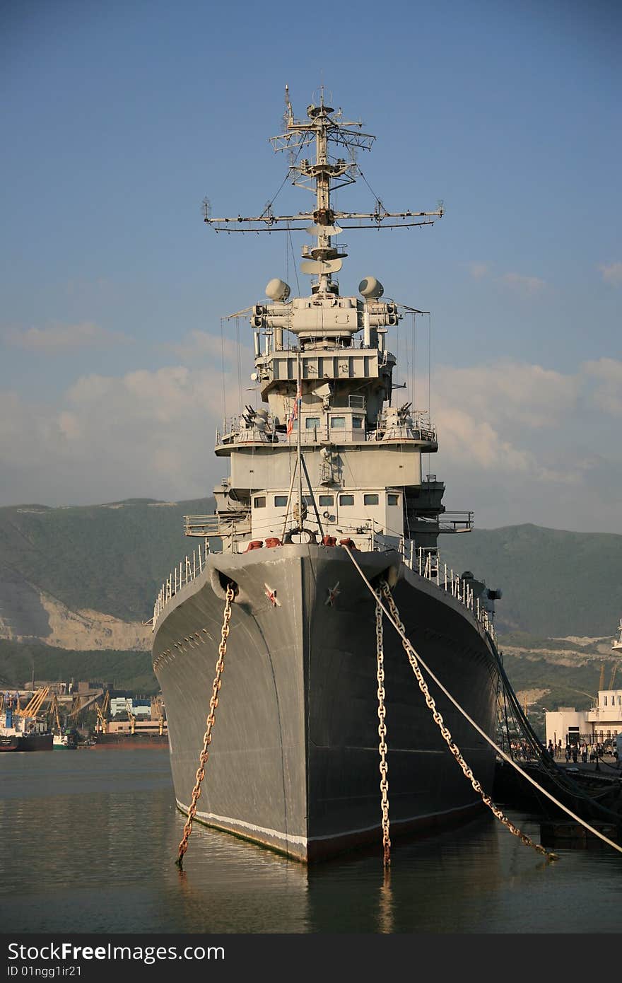 Military cruiser on parking in sea port