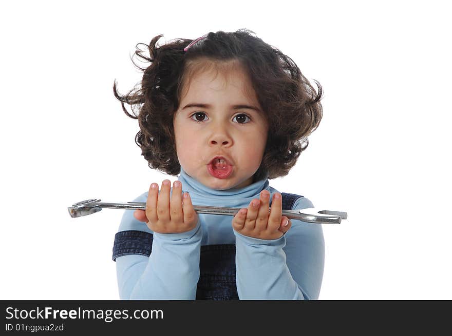 Image of a little girl holding tools isolated on white background