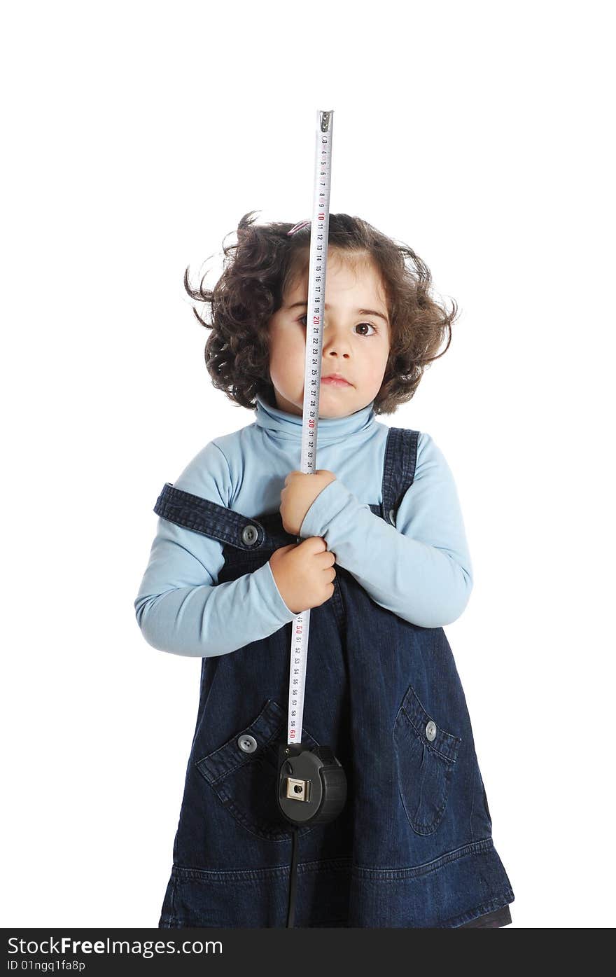 Image of a little girl holding tools isolated on white background