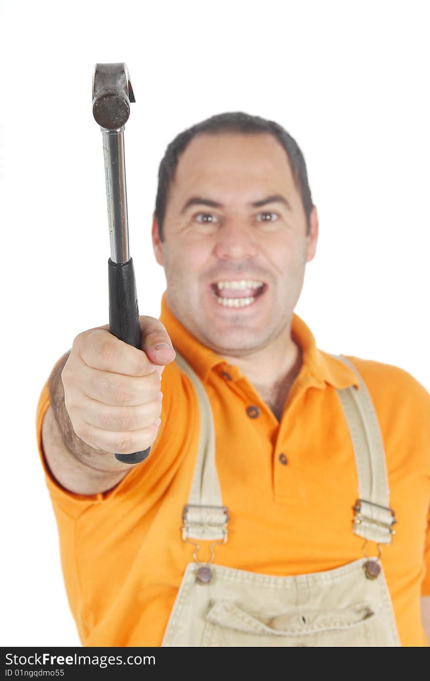 Carpenter/Mechanic with a hammer isolated on white background. Carpenter/Mechanic with a hammer isolated on white background