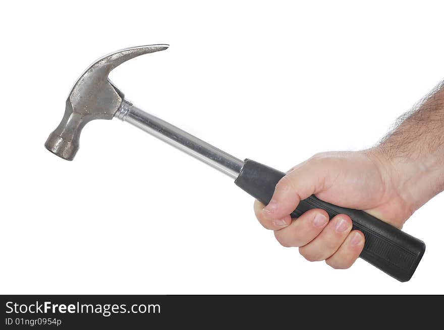 Image of a hand holding a hammer isolated on white background