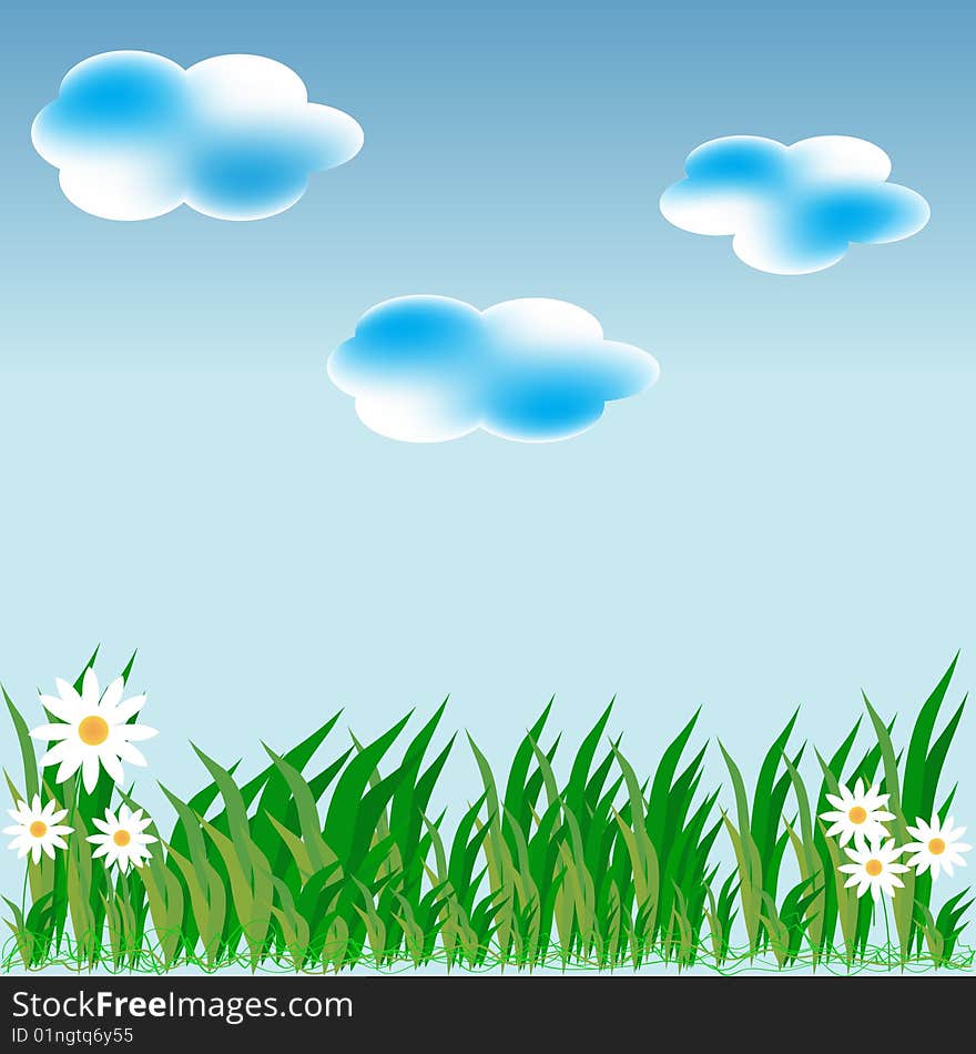 Illustration of nature with clouds and flowers