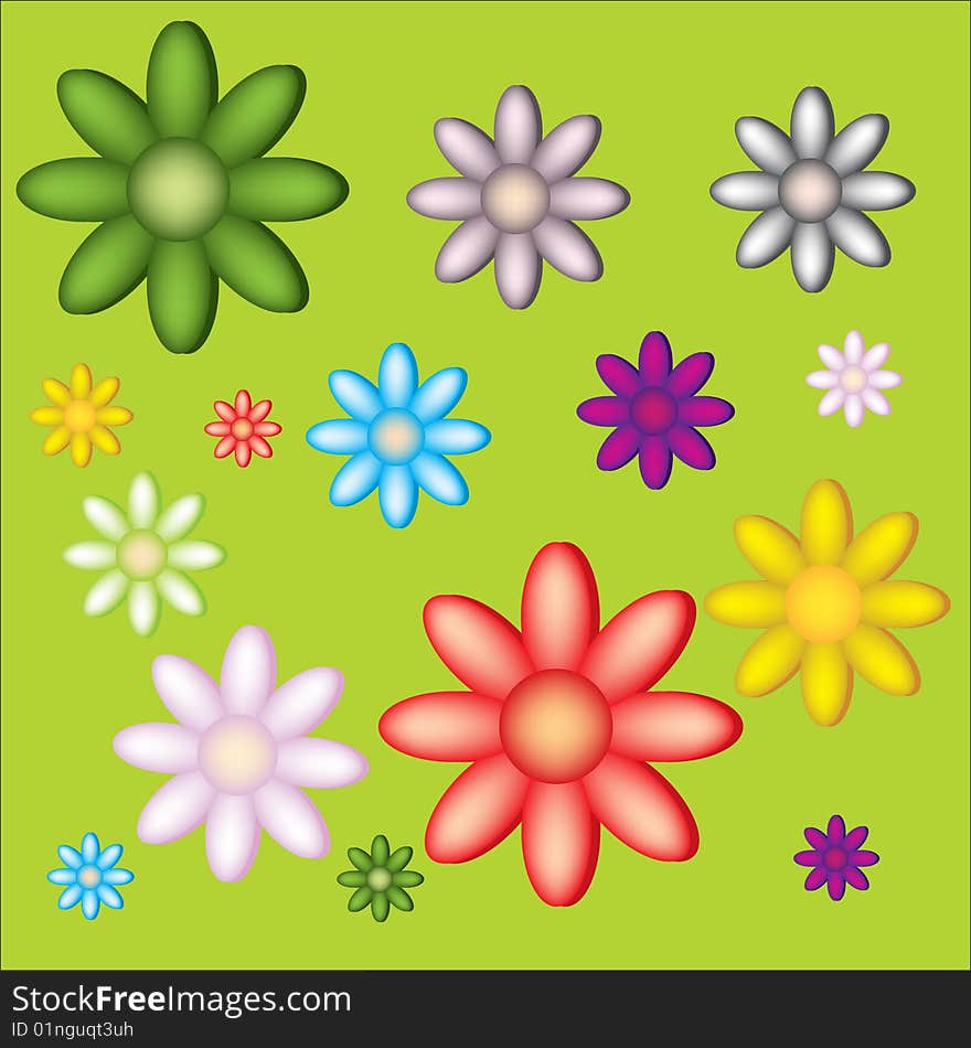 Few illustrations on flowers in red, green, yellow violet and white colours