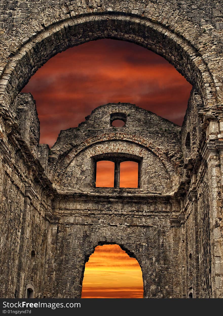 Detail of old ruins during sunset...