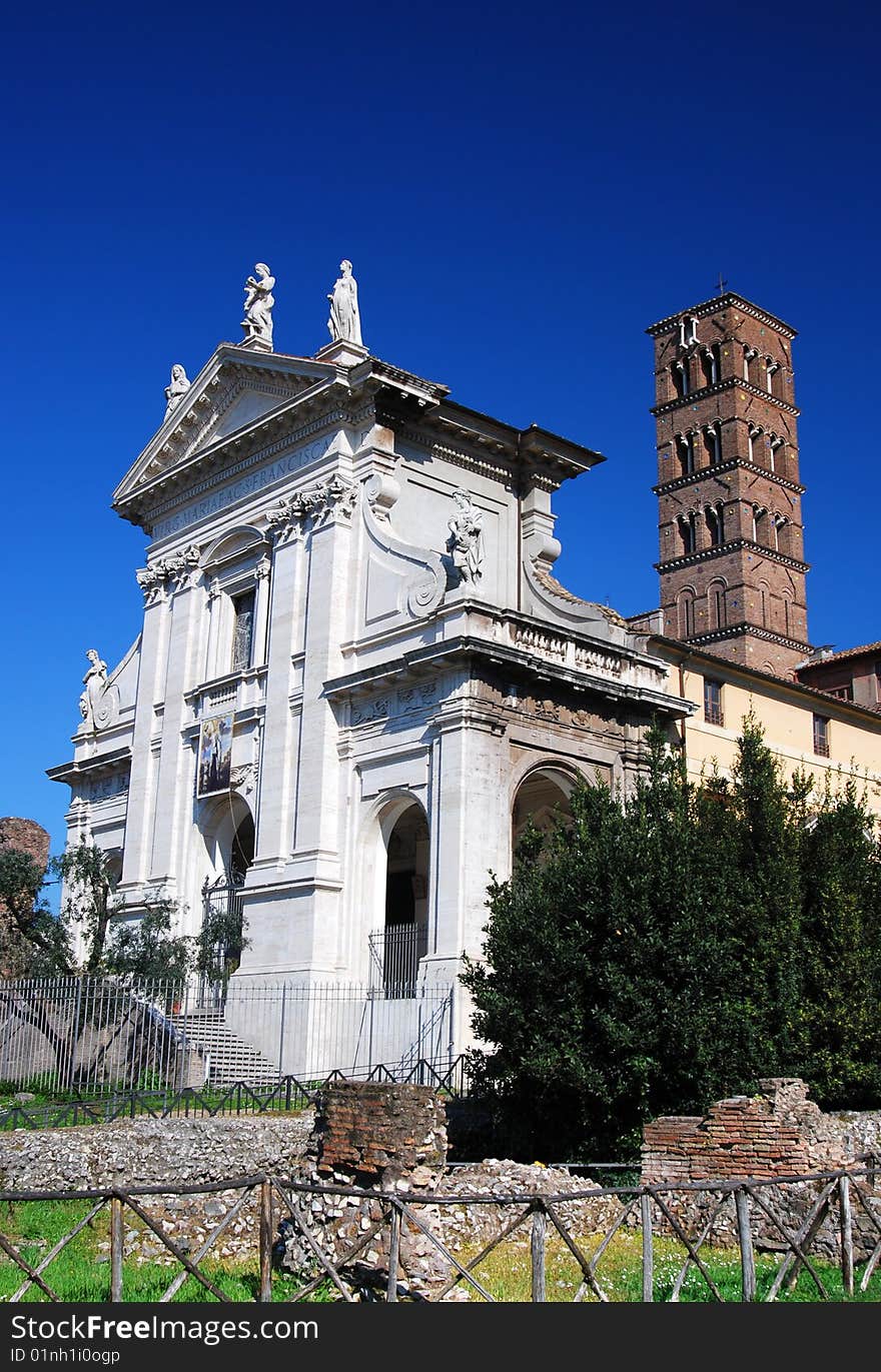 Santa Francesca Romana, previously known as Santa Maria Nova, is a church in Rome, situated next to the Roman Forum. 
The church was built in the second half of the 10th century, dedicated to Santa Maria Nova. 
In the 16th century the church was rededicated to Frances of Rome (canonized in 1608), whose relics are in the crypt. Santa Francesca Romana, previously known as Santa Maria Nova, is a church in Rome, situated next to the Roman Forum. 
The church was built in the second half of the 10th century, dedicated to Santa Maria Nova. 
In the 16th century the church was rededicated to Frances of Rome (canonized in 1608), whose relics are in the crypt.