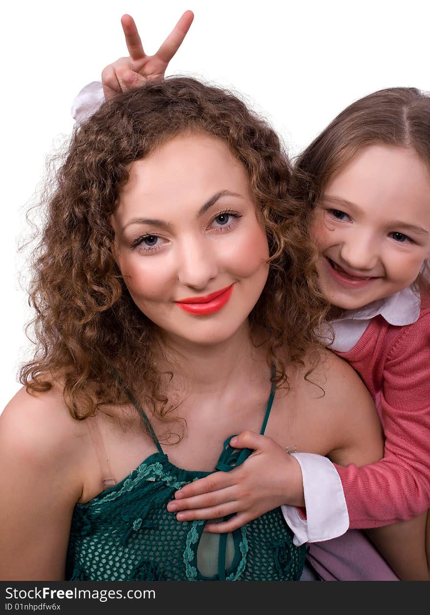 Happy mum with little daughter isolated on white with clipping path