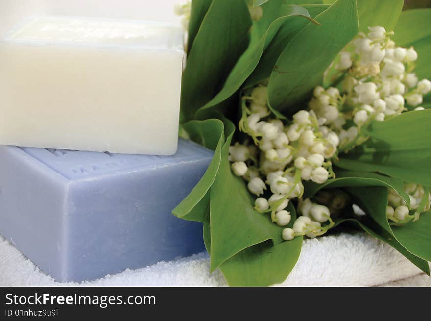 French soap in white and blue with lilies of the valley. French soap in white and blue with lilies of the valley