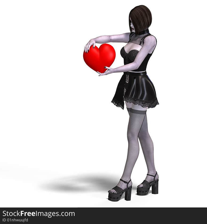 Gothic lady with red heart and Clipping Path over white. Gothic lady with red heart and Clipping Path over white