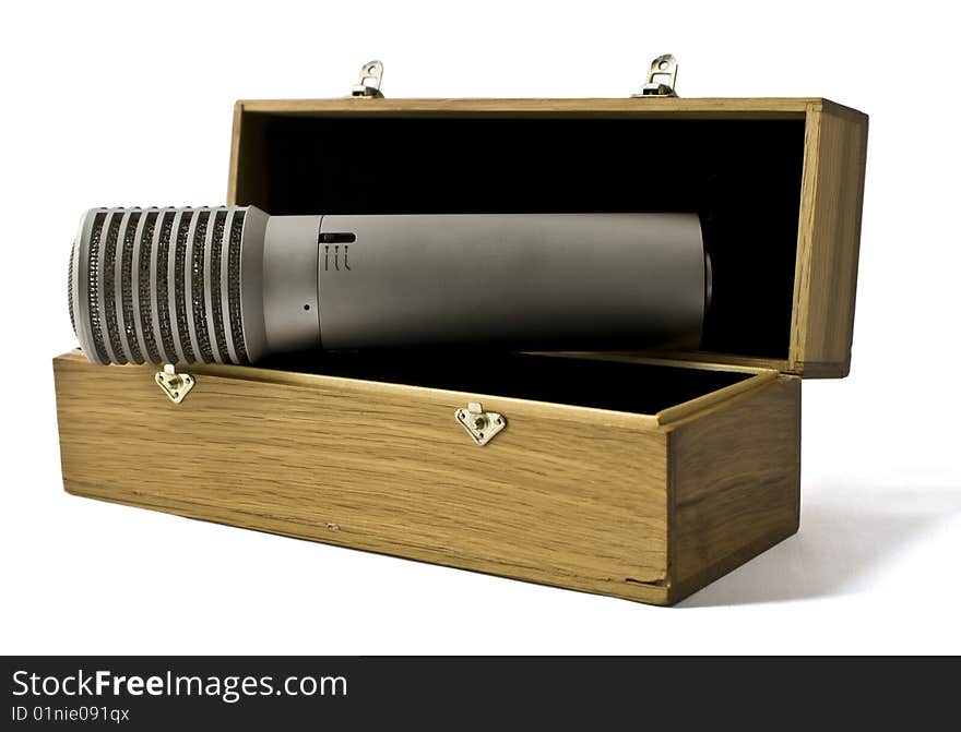 Studio microphone in a wooden case