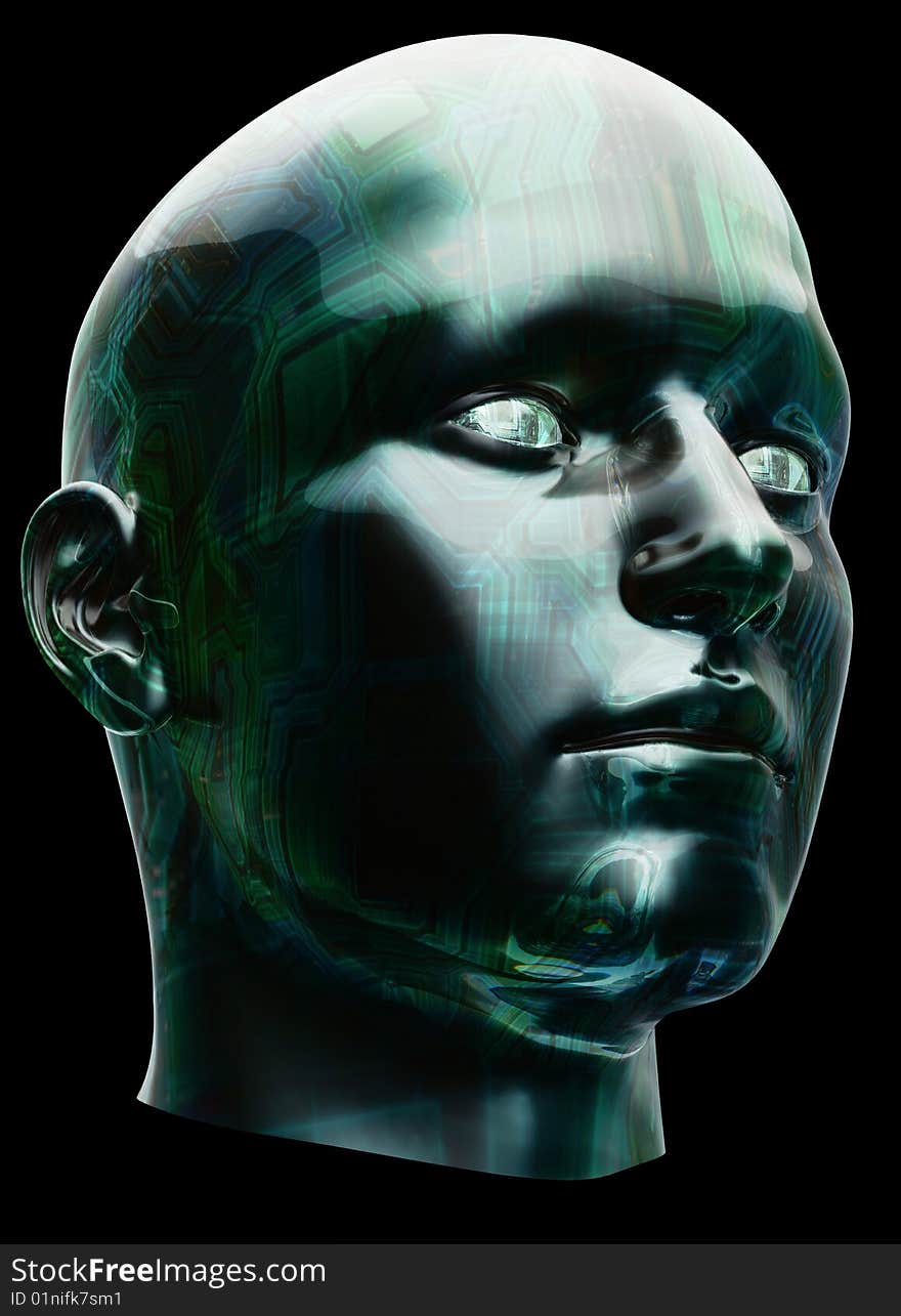 3D render futuristic cyborg head. Image include hand-drown clipping path for remove background.