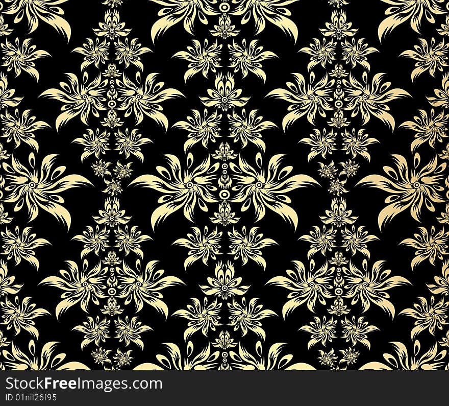 Golden decorative floral ornament on a black background. Golden decorative floral ornament on a black background