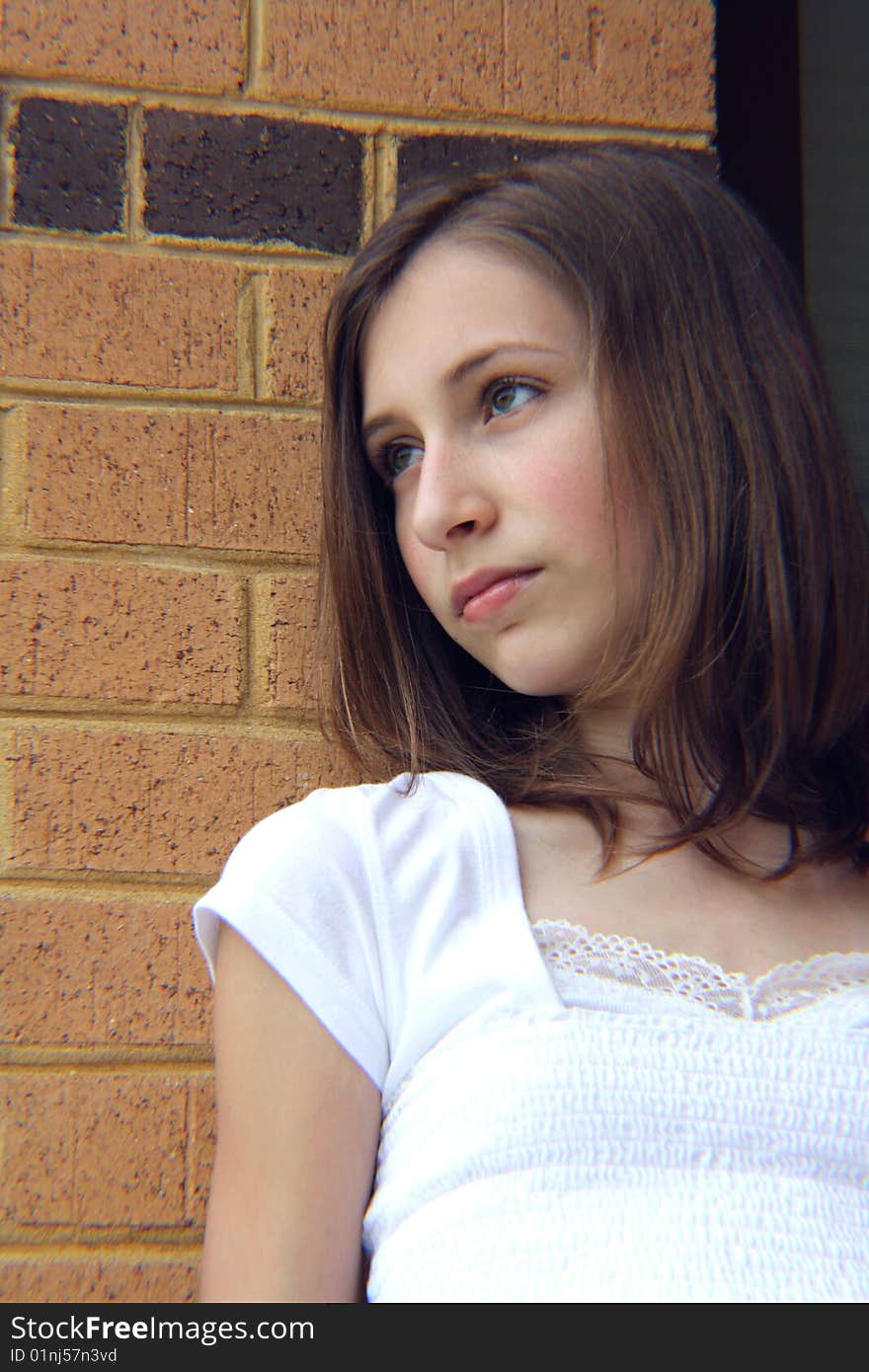 Teen girl leaning against brick wall at school. Teen girl leaning against brick wall at school