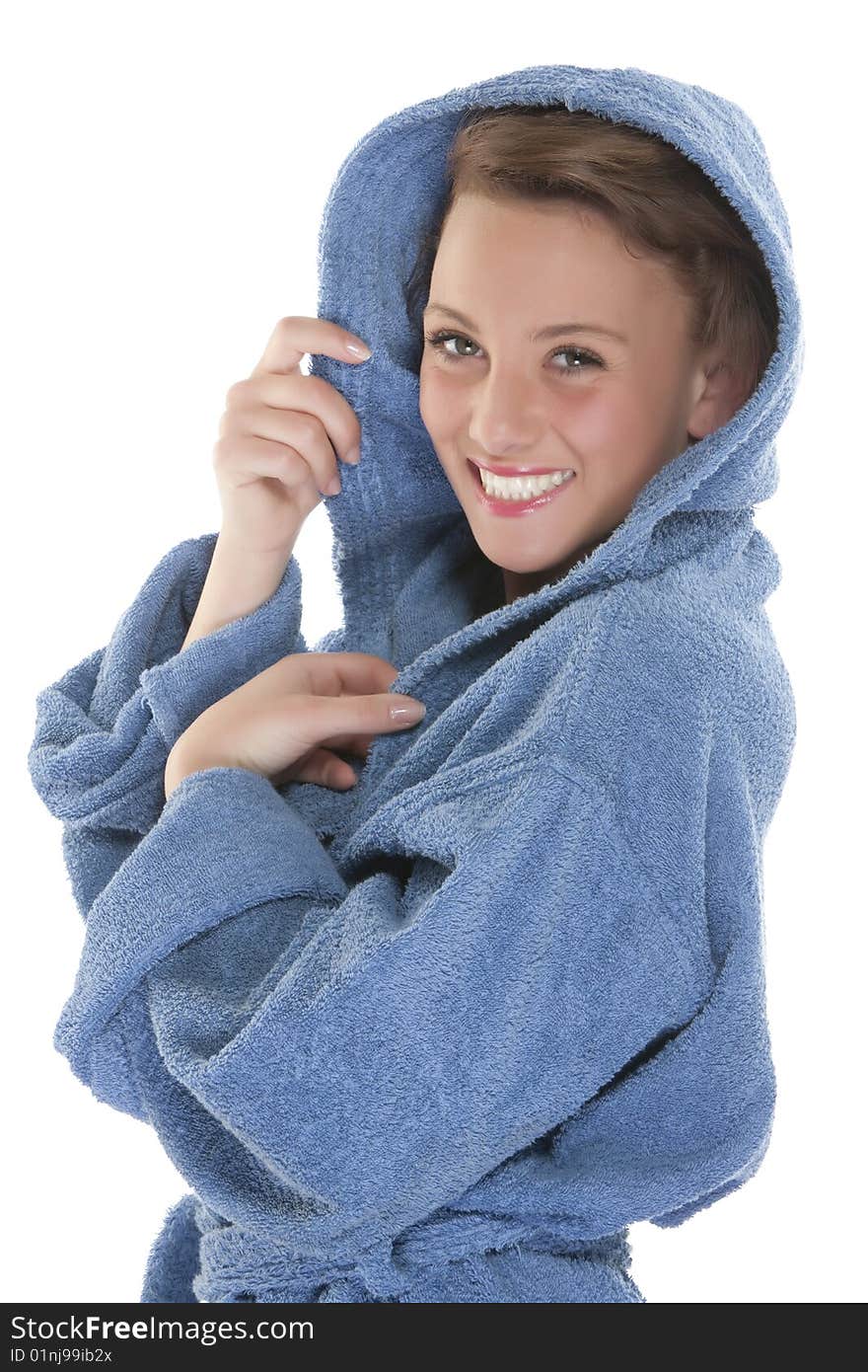 Smiling Woman In Bathrobe. Isolated Over White Bac