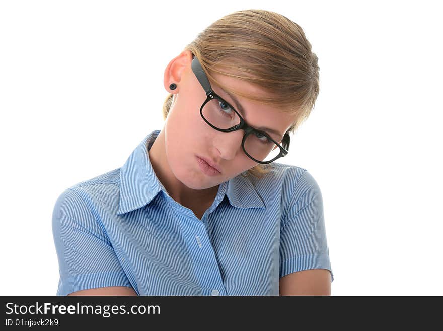 Portrait of a thoughtful young woman in blue shirt and glases (student, secretary or buisnesswoman)