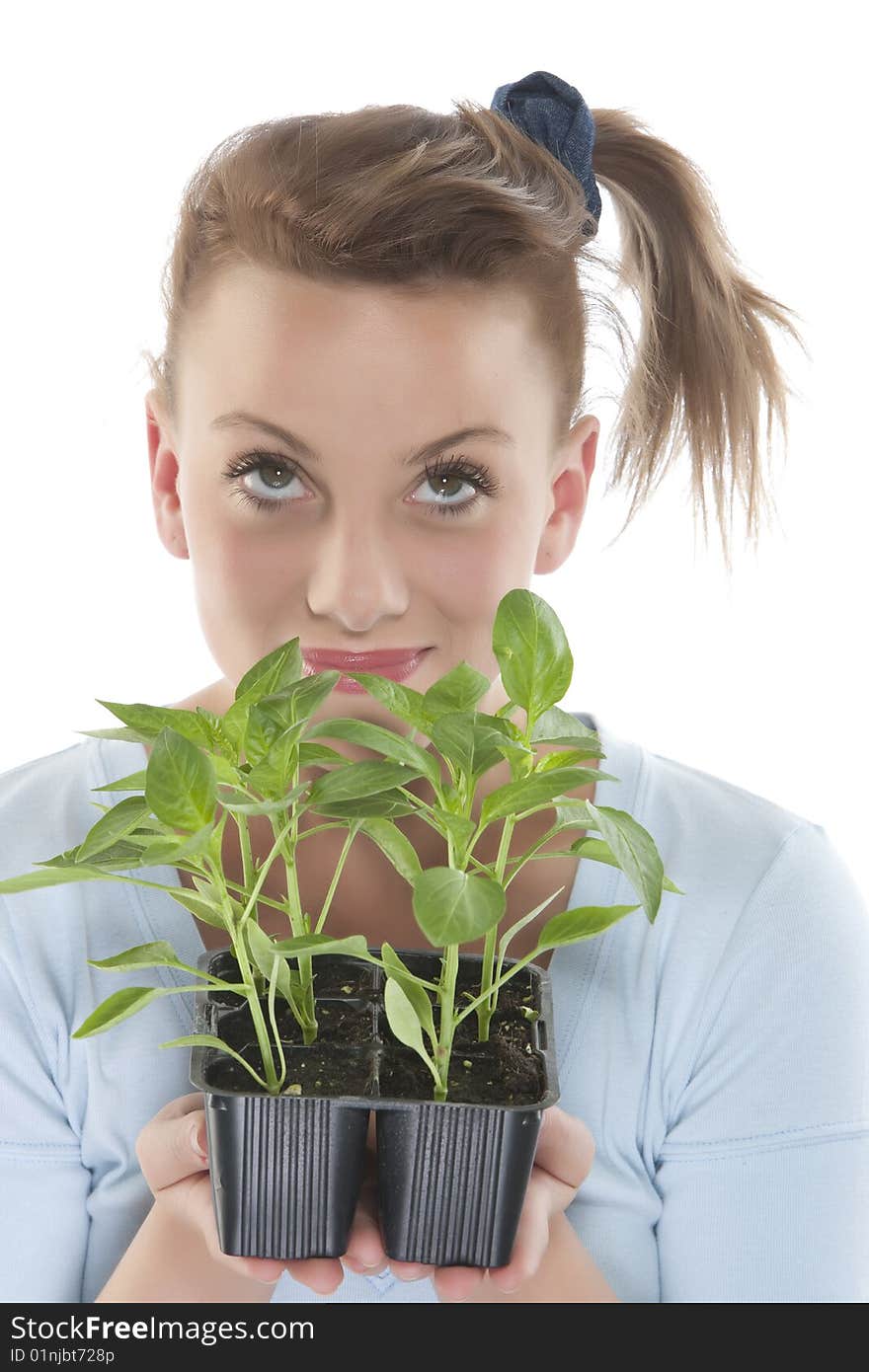 Girl holding young plants