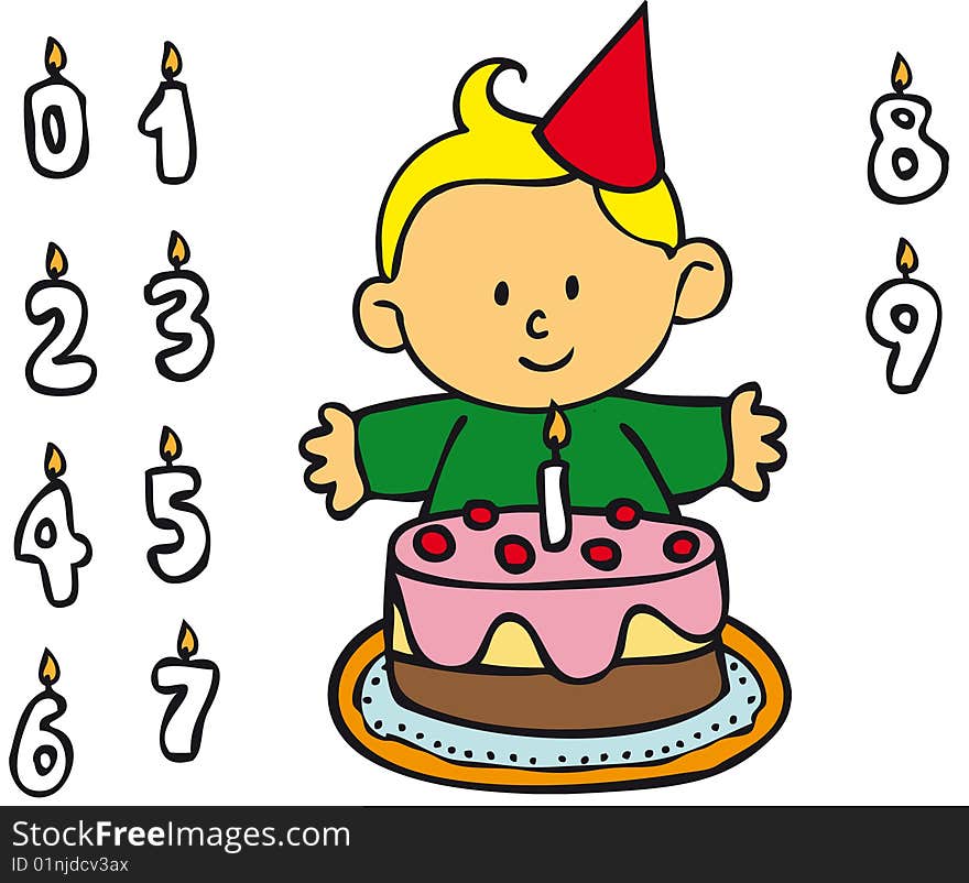 Happy Caucasian boy - Birthday, cake, candles and numbers.