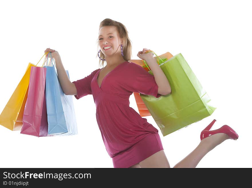 Attractive Young Woman Holding Several Shoppingba