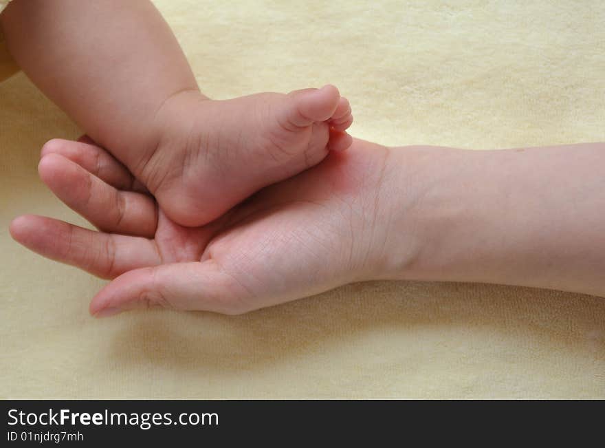 Hands and foot touch between chinese mother and baby show family and love. Hands and foot touch between chinese mother and baby show family and love.