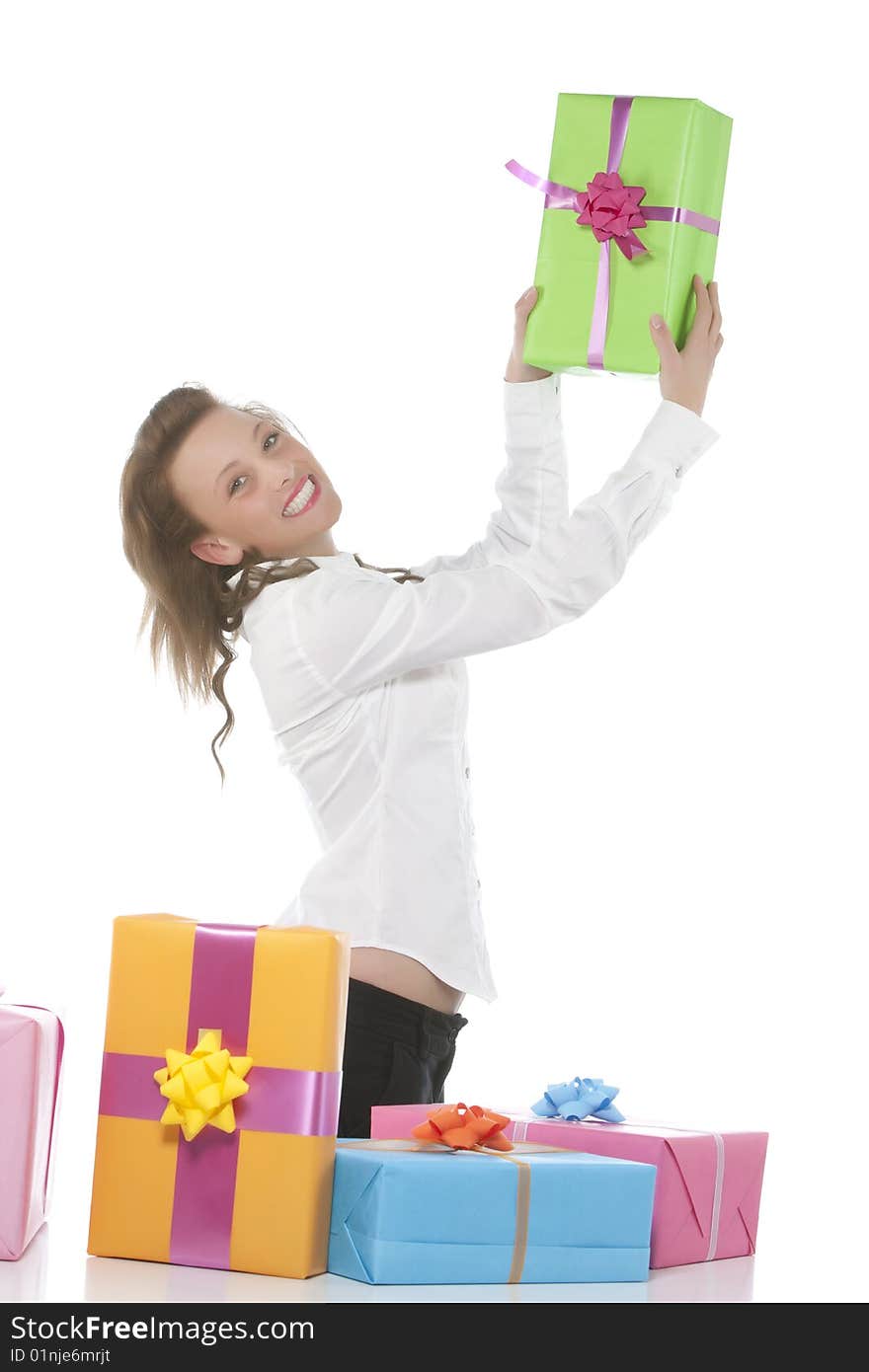 beautiful young smiling girl with present