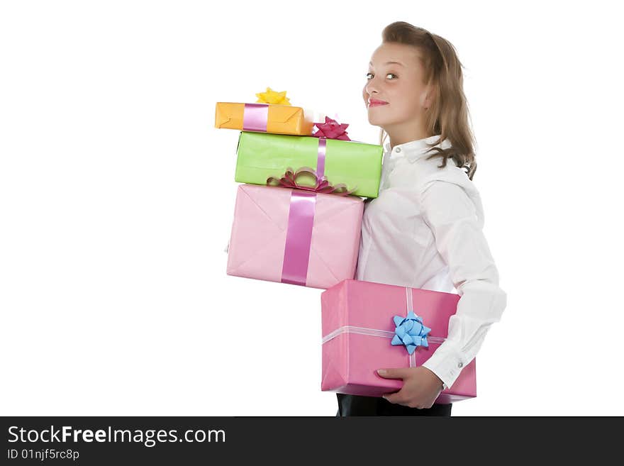 Beautiful young smiling girl with present