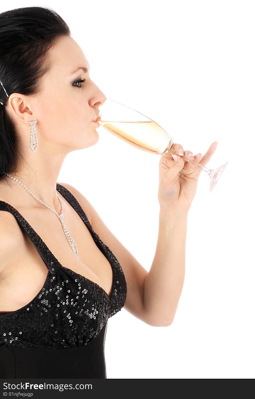 Series of images of the beautiful brunette with a champagne glass.