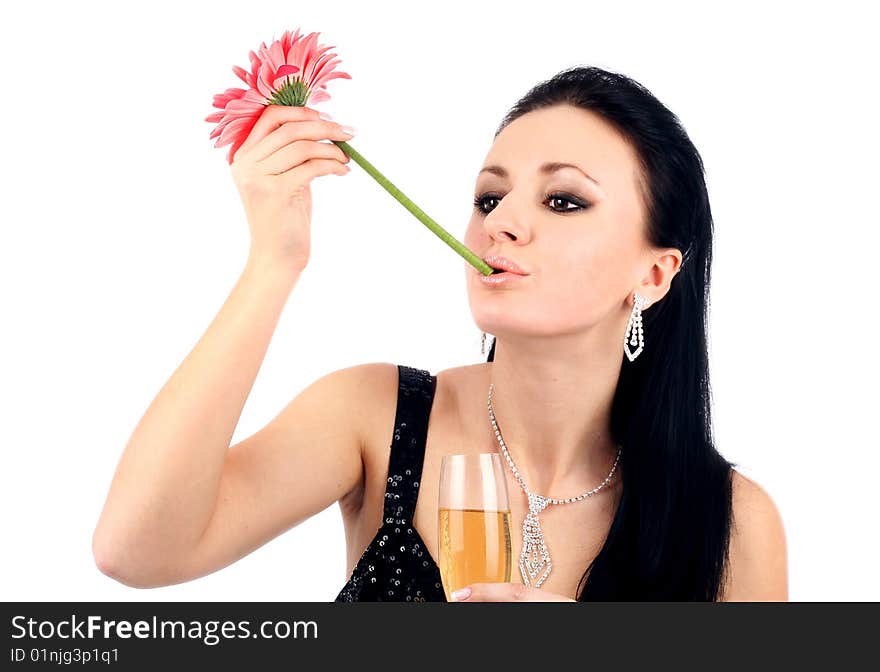 Series of images of the beautiful brunette with a champagne glass.