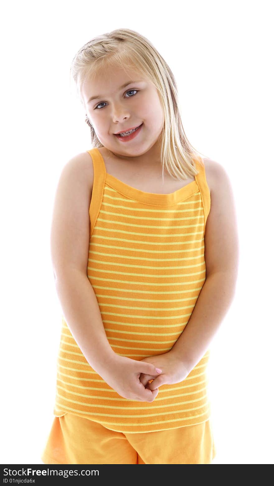 Cute little girl wearing orange.