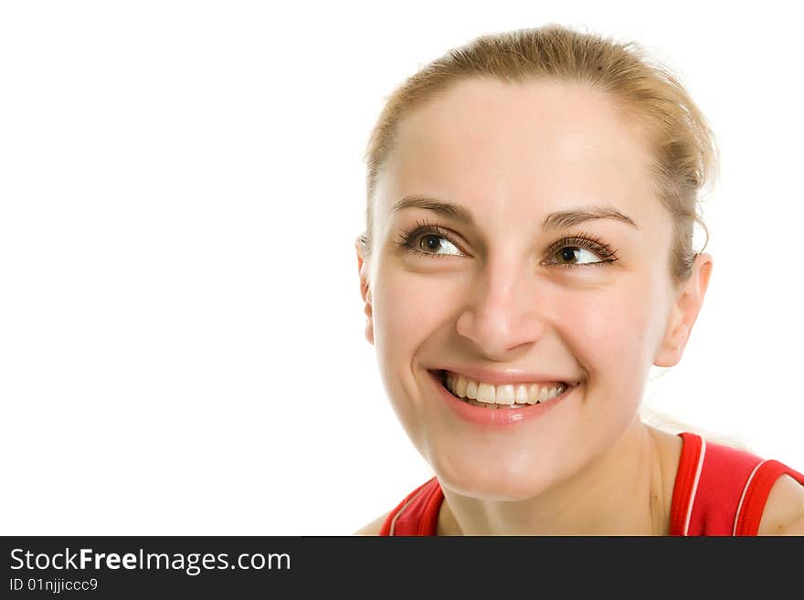 A sporty blonde in red leotard