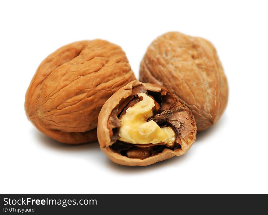 Walnuts on white background