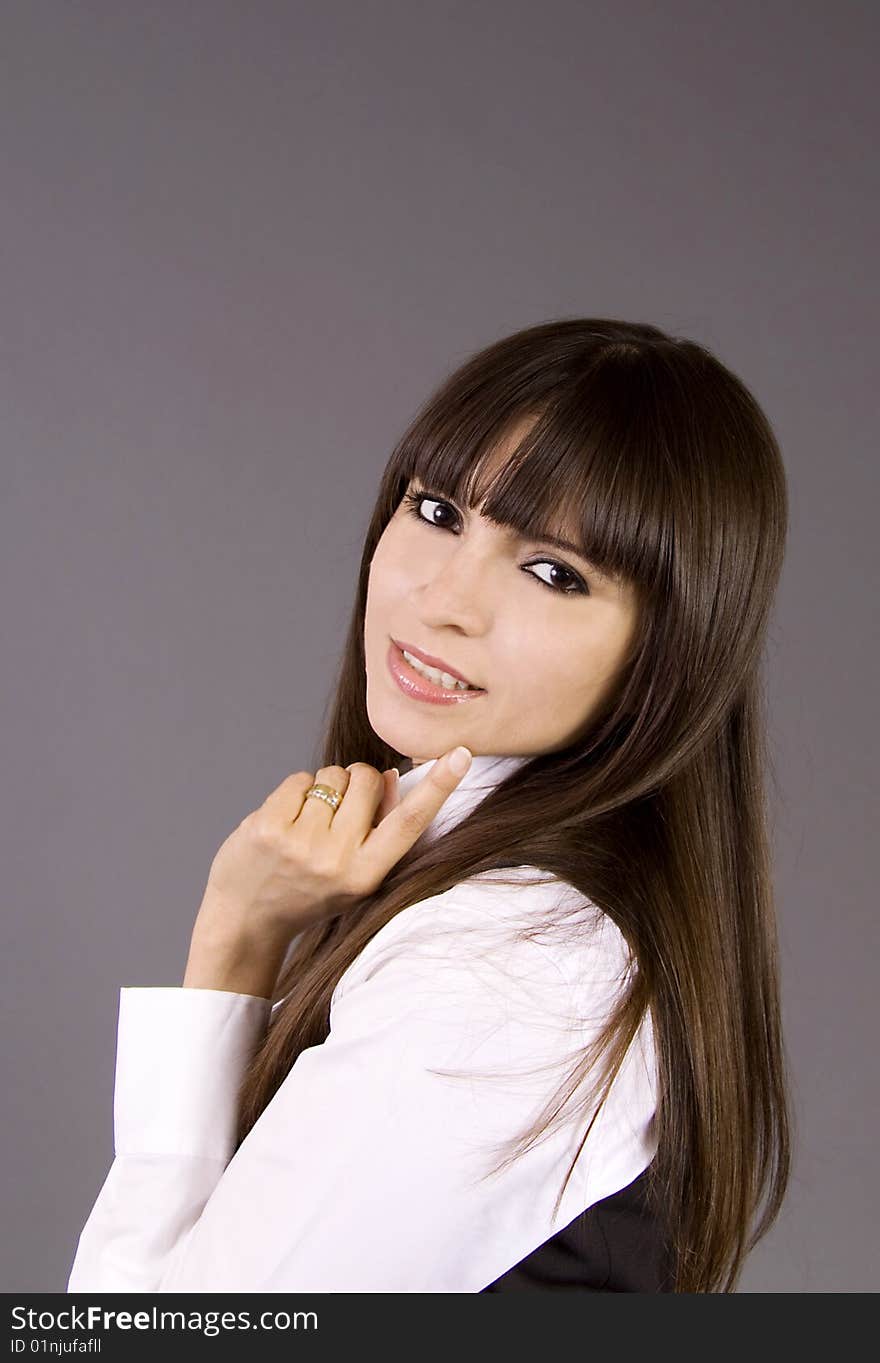 A close-up of a attractive business woman with fringe hair. A close-up of a attractive business woman with fringe hair