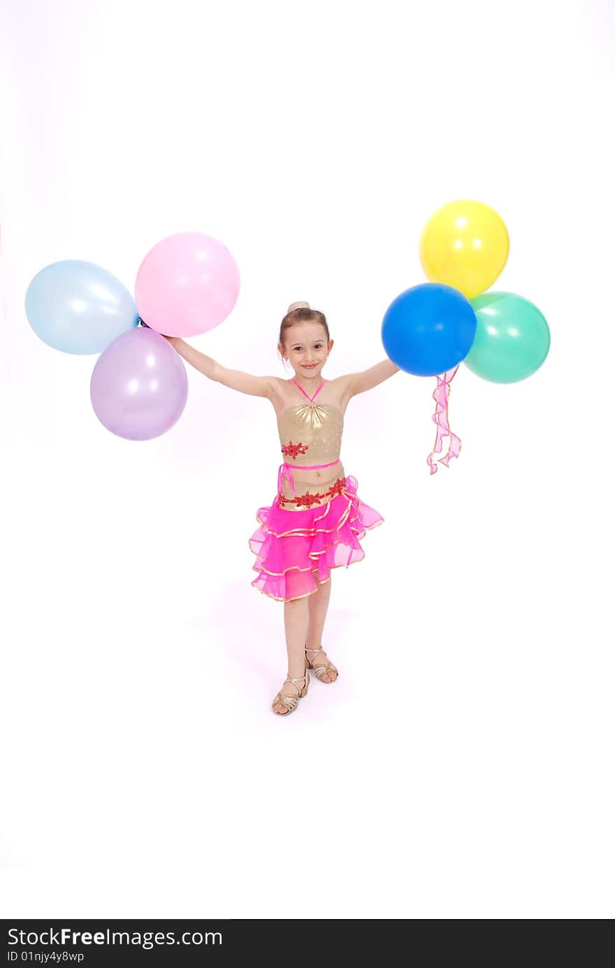 Girl holds six balloons on white background. Girl holds six balloons on white background